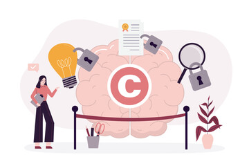Woman lawyer or author protect copyright symbol, brain and various media content. Concept of intellectual property, copyright,