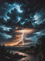 In the midst of a tempestuous night sky, a brilliant bolt of lightning illuminates the darkness, its electric blue hue casting an eerie glow across the stormy clouds.