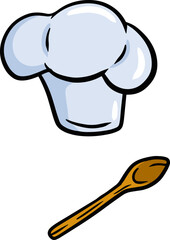 Chef hat. Wooden spoon. Element of the restaurant and cafe. Cartoon drawn illustration. Cook white Clothes