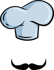 Chef cap. Cook sign. Cafe or french restaurant illustration. Bakery costume, cooking wear with moustache isolated on white. White uniform and hat