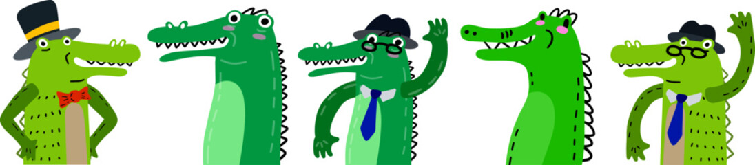 Cute Crocodile Character in Top Hat. Funny green alligator. Animal gentleman. Vector Illustration for Kids Clothing