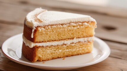 Close-up of a delicious slice of vanilla layered cake with creamy frosting on a white plate, set on a rustic wooden table.