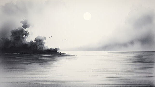 Watercolor landscape. Chinese style classical traditional ink painting sumi-e