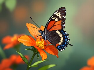 Closeup photo of_ a beautiful butterfly with interesting textures on an orange-petaled flower