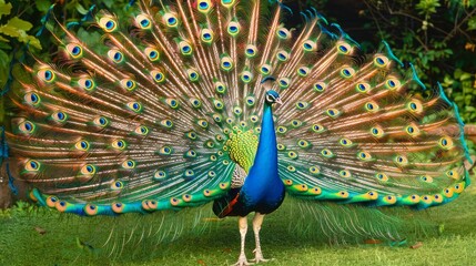 Obraz premium Brightly colored peacocks in a spring garden, species majesty, vivid