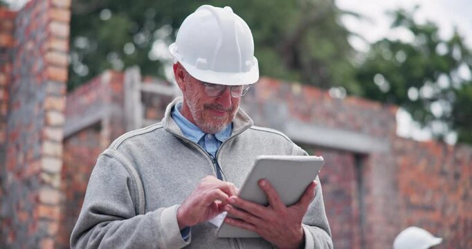 Construction, reading and mature man with tablet for typing info, quality control and maintenance. Building site, male architecture and digital for inspection, project management and online report