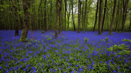 A carpet of bluebells under a forest canopy, spring landscape, peaceful
