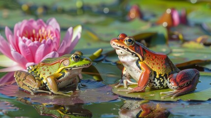 Frogs on lily pads in a blossoming pond, spring species, aquatic life
