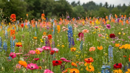 Vibrant garden with a variety of spring flowers, species diversity, bloom