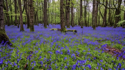 A carpet of bluebells under a forest canopy, spring landscape, peaceful