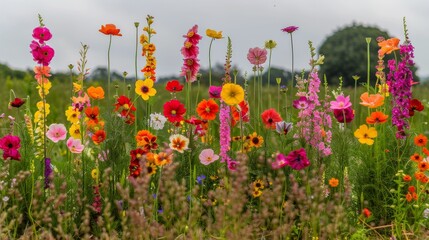 Vibrant garden with a variety of spring flowers, species diversity, bloom