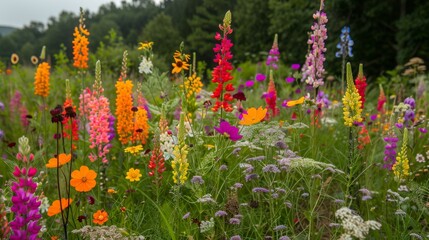 Vibrant garden with a variety of spring flowers, species diversity, bloom