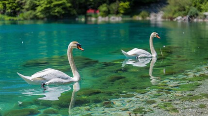 Swans gliding on a crystal-clear lake surrounded by spring flora, serene