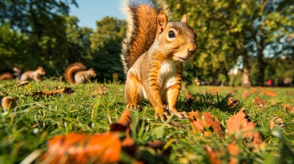Squirrels foraging in a verdant park, spring species, lively scene