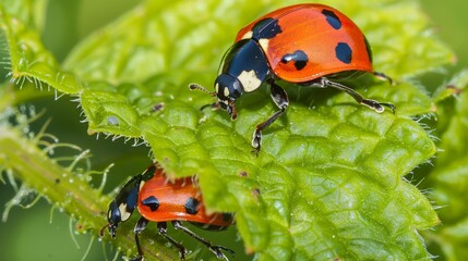 Ladybugs on fresh green leaves, spring species, close-up nature