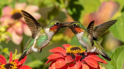 Hummingbirds sipping nectar from spring flowers, species interaction, vibrant