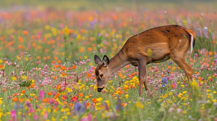 Wild deer grazing in a flower-filled meadow, spring species, serene