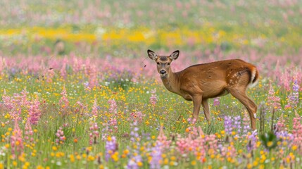 Wild deer grazing in a flower-filled meadow, spring species, serene