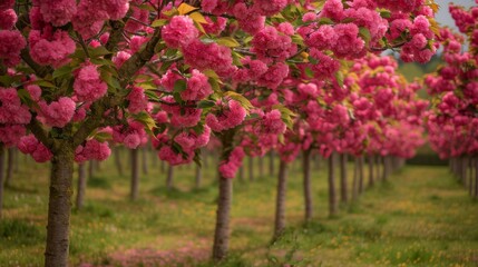 Ornamental cherry trees in full bloom, spring landscape, cultural beauty