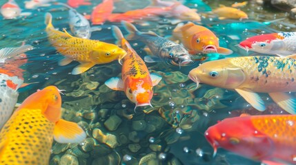 Colorful koi in a springtime garden pond, species variety, tranquility