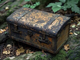 Obraz premium An old, weathered wooden chest with a rustic metal latch and brass hardware rests on the forest floor, surrounded by leaves, moss, and plant life, evoking a sense of mystery and adventure