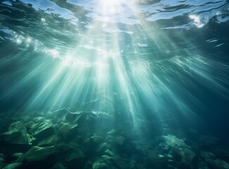 Sunlight beams through the clear blue water of a lake or ocean, creating a stunning reflection of the sun above.