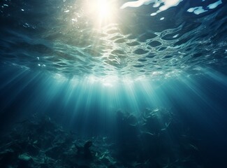 Fototapeta premium Sunlight beams through the clear blue water of a lake or ocean, creating a stunning reflection of the sun above.