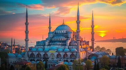 Fototapeta premium Sunset illuminates the renowned Blue Mosque, its vibrant facade casting a picturesque glow against the twilight sky in Istanbul, Turkey. [202] --ar 16:9 Job ID: 6c5993b1-d4dd-42ae-8ded-409a70ae186b