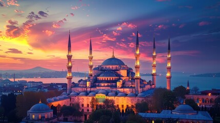 Fototapeta premium Sunset illuminates the renowned Blue Mosque, its vibrant facade casting a picturesque glow against the twilight sky in Istanbul, Turkey. [202] --ar 16:9 Job ID: 6c5993b1-d4dd-42ae-8ded-409a70ae186b