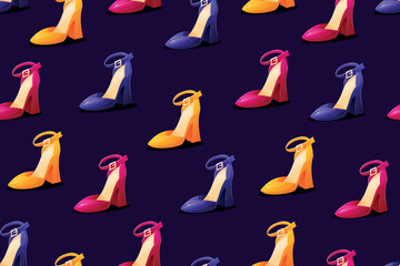 Set of fashionable elegant women's multi-colored shoes, high-heeled sandals. vector seamless cartoon pattern.