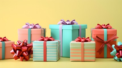 3D render of Christmas presents wrapped in colorful paper and bows on a pastel yellow background. very detailed