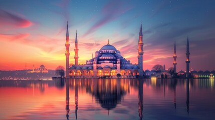 Fototapeta premium Sunset illuminates the renowned Blue Mosque, its vibrant facade casting a picturesque glow against the twilight sky in Istanbul, Turkey. [202] --ar 16:9 Job ID: 060e3b34-5854-4cb7-be8d-83eb8854b268