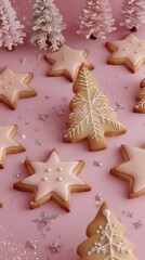 3D render of Christmas cookies shaped like stars and trees on a pastel pink background. very detailed