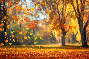 Vibrant Autumn Scene with Trees Adorned in Bright Shades of Orange, Yellow, and Red Leaves, Set Against an Open Park or Forest Backdrop, Featuring a Central Tree with Many Golden Falling Leaves in Sha