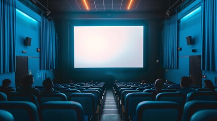 Fototapeta premium A plain white, rectangle mock up billboard in a cinema/ movie theater with a blue color scheme with seated people