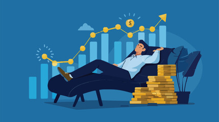Passive income and market investing flat vector illustration. Investor man relax in chair and get money profits, stock dividends. Remote freelance work or trading online. Financial freedom concept. © MDMASUD