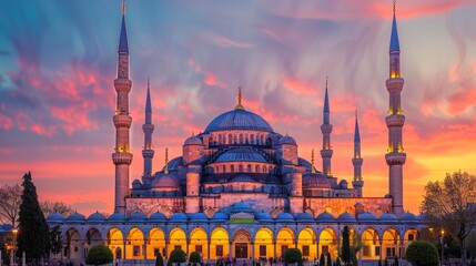 Fototapeta premium Sunset illuminates the renowned Blue Mosque, its vibrant facade casting a picturesque glow against the twilight sky in Istanbul, Turkey.
