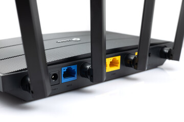LAN network and internet connection, Ethernet RJ45 lan port, modem router.
