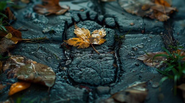 A natural footprint impression filled with water and surrounded by dried leaves and greenery, creating an earthy, serene autumnal outdoor scene - Powered by Adobe