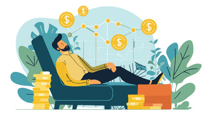 Passive income and market investing flat vector illustration. Investor man relax in chair and get money profits, stock dividends. Remote freelance work or trading online. Financial freedom concept.