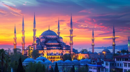 Fototapeta premium Sunset illuminates the renowned Blue Mosque, its vibrant facade casting a picturesque glow against the twilight sky in Istanbul, Turkey.