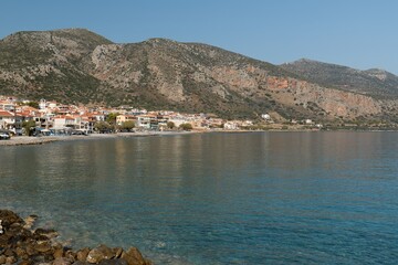Fototapeta premium View of Gefyra city and Myrtoan sea Peloponnese. Laconia. Greece.