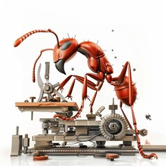 A red ant is working on a machine