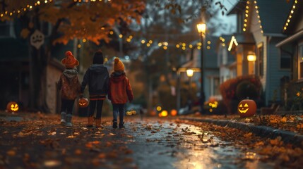 A vibrant Halloween street festival colorful decorated houses with pumpkins and spider webs children trick-or-treating lively atmosphere.