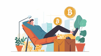 Passive income and market investing flat vector illustration. Investor man relax in chair and get money profits, stock dividends. Remote freelance work or trading online. Financial freedom concept.