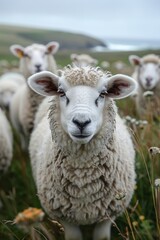 Fototapeta premium Sheep's gaze across the coastal meadow