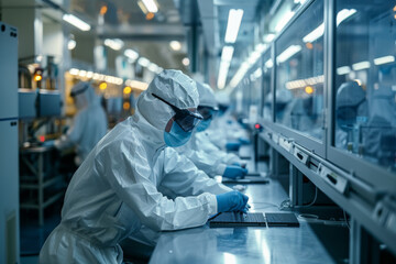 Naklejka premium clean room in a semiconductor lab with engineers in protective suits using laserguided machinery to create microchips