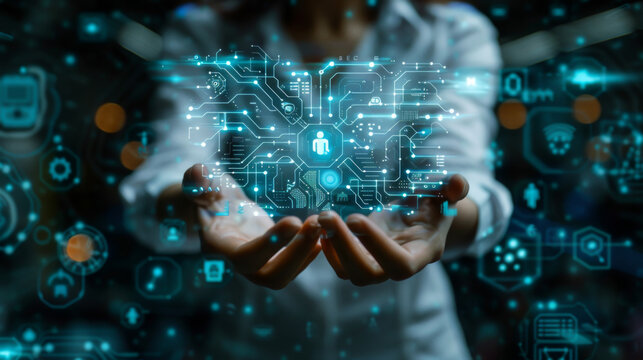 Analyst shows AI tool design work 1. hands 2. icons 3. holograms, white background