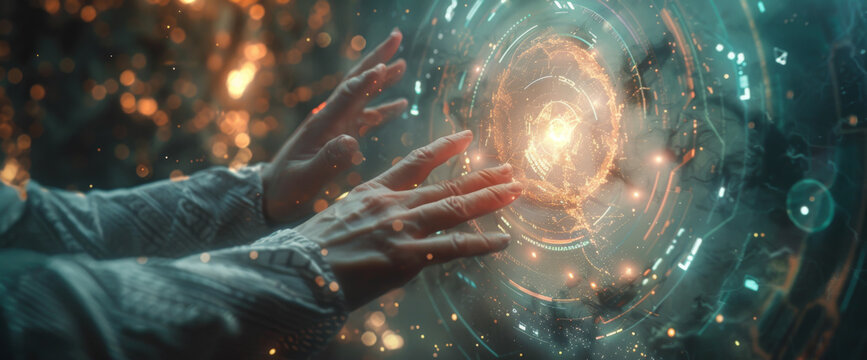 Analyst shows AI tool design work 1. hands 2. icons 3. holograms, white background