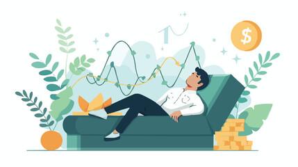 Passive income and market investing flat vector illustration. Investor man relax in chair and get money profits, stock dividends. Remote freelance work or trading online. Financial freedom concept.